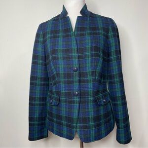 Talbots Wool Blend Blazer Academia Blue Green Tartan Plaid Size 4
